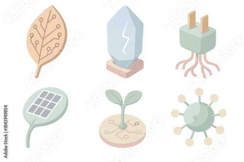 Organic Circuit Growth. Isometric vector illustration set of Organic Circuit Growth: copper leaf circuit board, pulse light