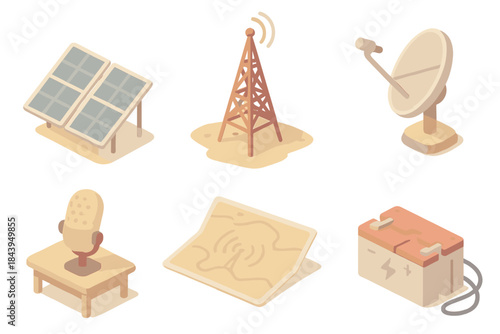 Desert Broadcast Station Icons. Isometric vector illustration set of Desert Broadcast Station: solar panels, rusty radio tower,
