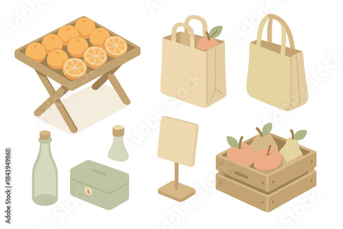 Neighborhood Market Icons. Isometric vector illustration set of Neighborhood Market Life: folding table with citrus, customer tote