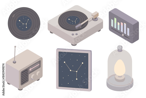 Stellar Audio Isometric. Isometric vector illustration set of Stellar Audio Studio: vinyl record with constellation label,