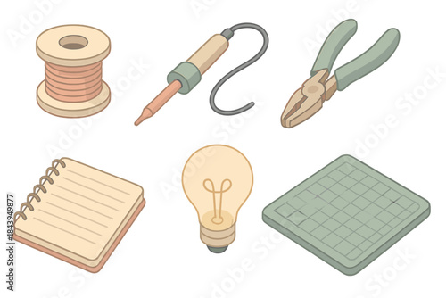 Artisan Workshop Tools. Isometric vector illustration set of Artisan Workshop Tools: coiled copper wire spool, soldering iron,