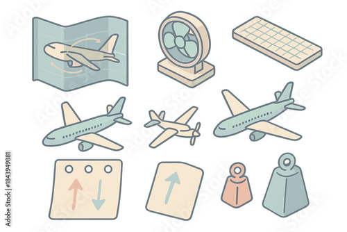 Aerodynamics Workshop Icons. Isometric vector illustration set of Aerodynamics Workshop: folded diagram sheet, mini fan, ruler