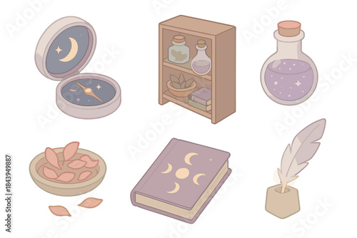 Arcane Herbal Study Icons. Isometric vector illustration set of Arcane Herbal Study: lunar compass, apothecary shelf, potion vial,