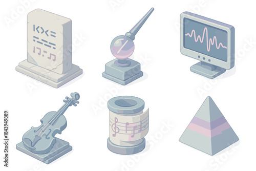 Neo-Classical Sound Icons. Isometric vector illustration set of Neo-Classical Sound Forge: marble code tablet, conductor’s