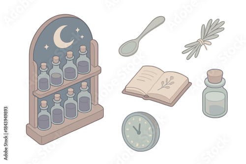 Night Apothecary Desk. Isometric vector illustration set of Night Apothecary Desk: moonlit bottle rack, silver spoon, dried herbs