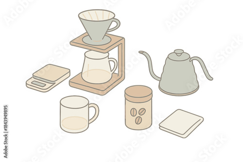 Specialty Coffee Setup. Isometric vector illustration set of Specialty Coffee Setup: dripper stand, weighing scale, glass mug,