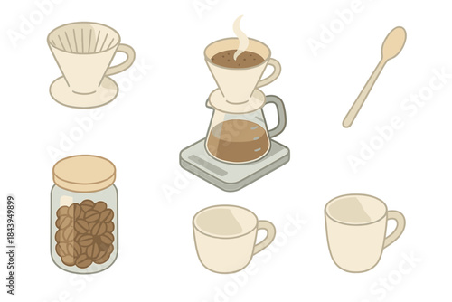 Coffee Ritual Essentials. Isometric vector illustration set of Coffee Ritual Essentials: ceramic dripper, scale and filter setup,