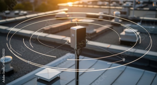Drone shot circling around a 5G microcell antenna rigged on a rooftop highlighting its compact size and sleek design.