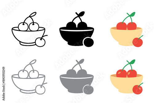 Cherry Bowl Variations. Minimalist scene of cherry bowl and one missing fruit, symbolizing playful imperfection and spontaneity,