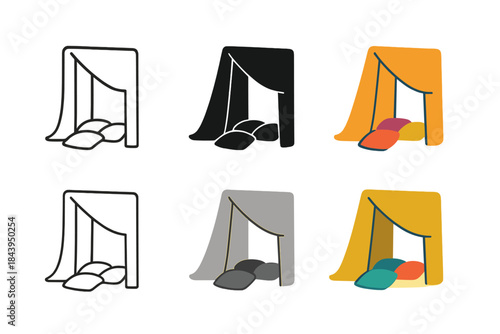 Minimalist Fort Entrance. Minimalist side view of fort entrance showing hanging wool fabric and pillow floor, clean geometric