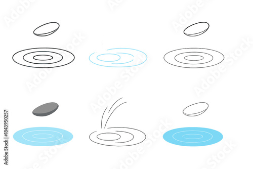 Skipping Stone Ripples. Flat stone mid-skip above calm pond surface, ripples radiating outward in gentle motion arcs, serene