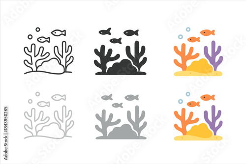Underwater Coral Icons. Underwater coral reef ecosystem with various coral shapes and small fish swimming around, minimalist