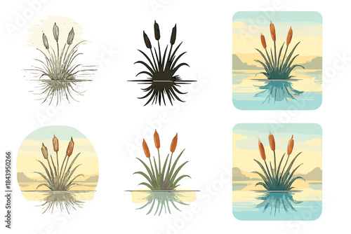 Morning Cattail Reflections. Cluster of cattails reflected in pond surface under early morning light, gentle symmetry of sky and