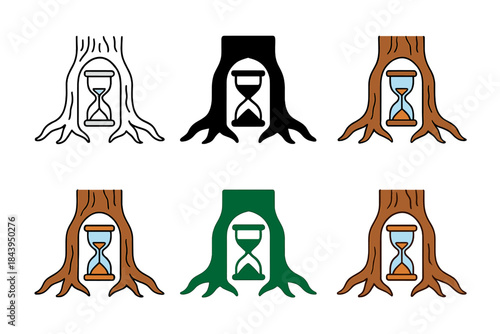 Nature's Timeless Gateway. Hourglass embedded within a tree trunk, roots forming a natural archway gate, simple minimalist vector