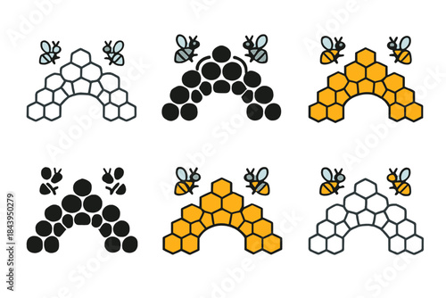 Hexagonal Hive Bridge. Bridge made of hexagonal hive cells with bees hovering around, simple clean vector icons, first in line