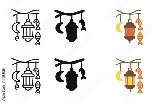 Lantern with Moon Ornaments. Lantern hanging from a branch with fish and moon ornaments surrounding it, minimal vector composition