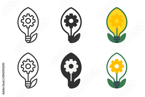 Eco-Inspired Light Icon. Gear-shaped lightbulb filament surrounded by a delicate leaf outline, simple clean vector icons, first in