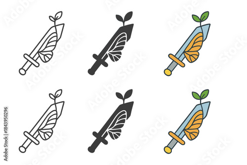 Butterfly Sword Icons. Sword blade engraved with butterfly wings and a tiny seed growing at the tip, simple clean vector icons,