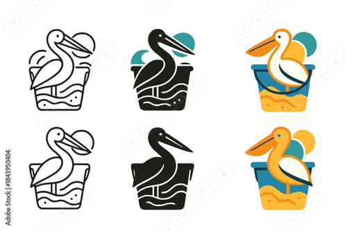 Abstract Coastal Harmony. Pelican Beach Bucket, abstract coastal harmony merging seabird posture, sand patterns, and marine