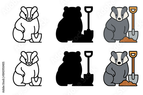 Badger Sett Shovel Icons. Badger Sett Shovel, clean modern icon showing balance between animal life and earthy craftsmanship,