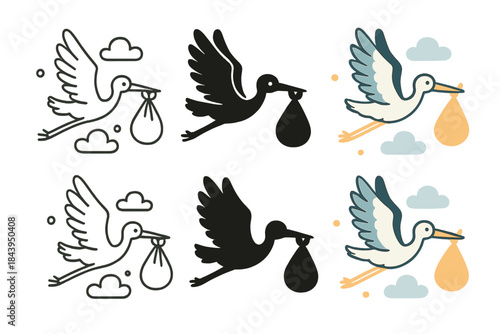 Stork Delivery Art. Stork Bundle Delivery, harmonious sky motif uniting care, hope, and timeless airborne grace, first in line