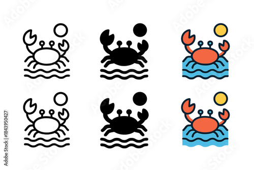 Crab Beach Icons. Crab Beach Bubble, clean modern icon capturing motion and simplicity within a calm coastal scene, first in line
