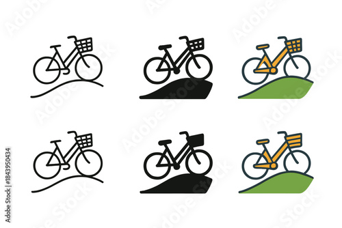 Bicycle Art Variations. Bicycle Hill Basket, stylized composition merging curved wheels, hillside slope, and woven basket form,