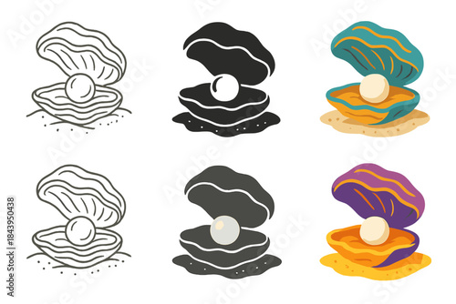 Oyster Bed Artistry. Oyster Bed Treasure, stylized composition merging curved shell forms, pearl glow, and sandy texture, first in