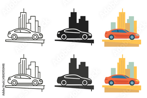 Sleek Car Cityscape. Car City Roof, stylized composition merging sleek vehicle curves, building outlines, and rooftop edge
