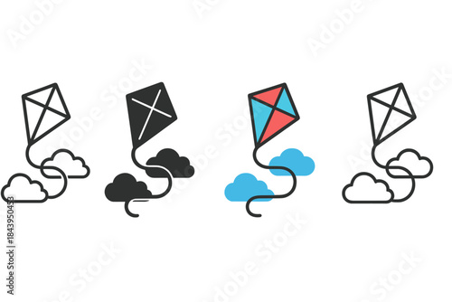 Kite in Varied Styles. Kite Sky String, playful outdoor icon showing a kite soaring high with a long trailing string looping