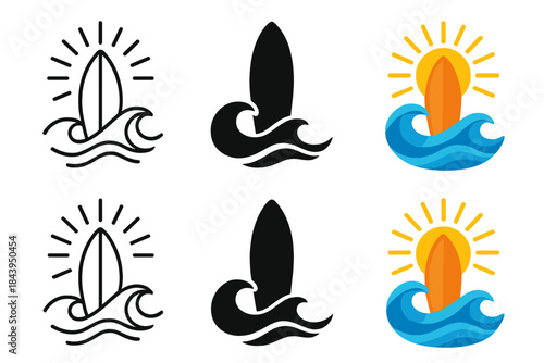 Surfboard and Sun Waves. Surfboard Wave Sun, stylized seaside composition merging surfboard silhouette, curved waves, and radiant