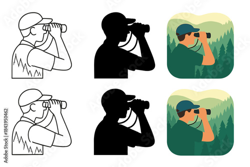Birdwatcher Views Hills. Birdwatcher silhouette with binoculars facing forested hills, soft tree outlines, first in line style