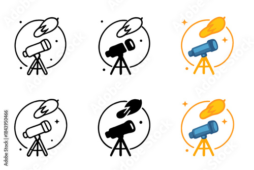 Comet Orbit Paths. Comet orbit path drawn around telescope icon, minimal cosmic swirl, first in line style with thin outline,