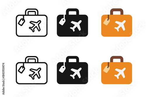 Diverse Suitcase Styles. Closed suitcase with hanging travel tag and airplane icon imprint, smooth corner edges, first in line