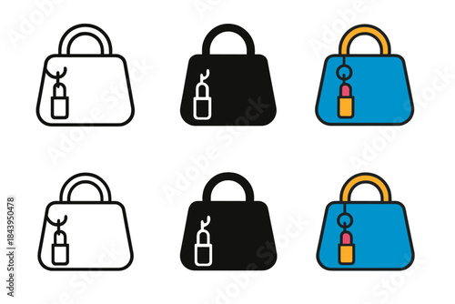 Stylish Handbag Designs. Compact handbag with dangling keychain and lipstick silhouette overlay, simple geometry, first in line