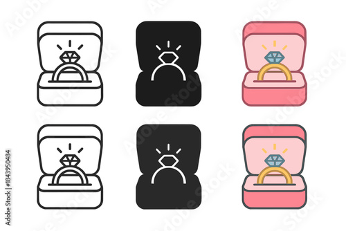 Diverse Ring Box Styles. Open ring box revealing shining ring inside, soft curved edges and minimal shadow, first in line style