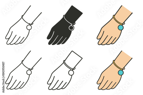 Set of six hand icons each with a bracelet and round charm.