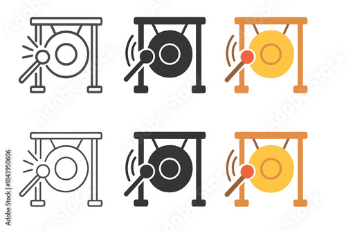 Dynamic Gong Silhouettes. Gong silhouette with striking motion lines and musical arcs, first in line style with thin outline,