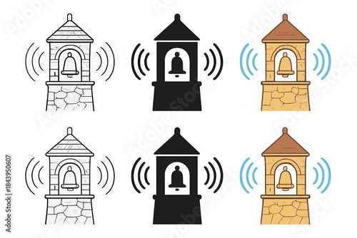 Multistyle Bell Tower. Old stone bell tower with sound arcs radiating around, first in line style with thin outline, second in