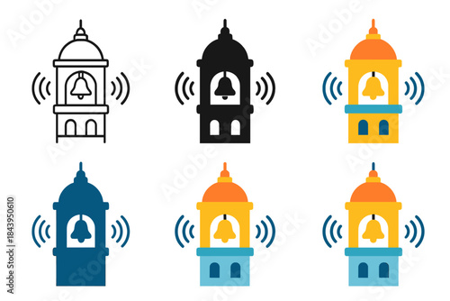Bell Tower Styles. Historic bell tower with ringing bells and sound waves, first in line style with thin outline, second in solid