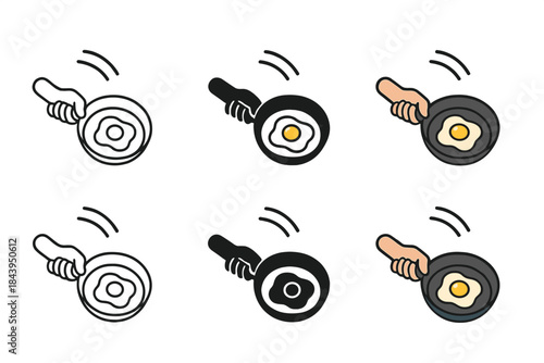 Egg Cooking Styles. Hand holding frying pan with egg cooking and motion arcs, first in line style with thin outline, second in