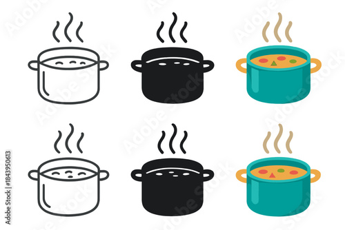 Steaming Soup Variations. Cooking pot with steaming soup and rising vapor lines, first in line style with thin outline, second in