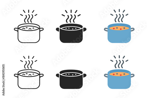 Boiling Pot Variations. Boiling pot with soup and radiant vapor arcs above, first in line style with thin outline, second in solid