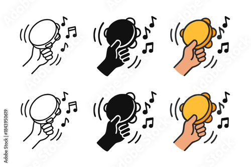Tambourine Motion Variations. Hand holding tambourine with jingling motion lines and musical notes, first in line style with thin