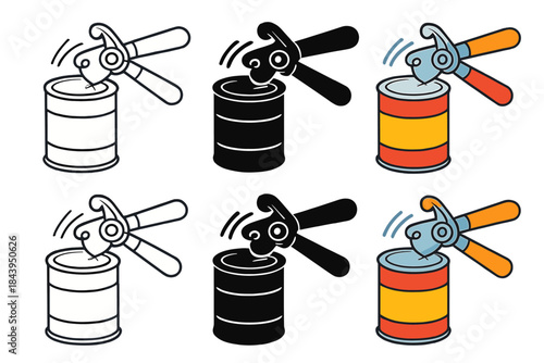 Stylized Tin Opener. Manual tin opener cutting open can with stylized motion arcs and lid lift, first in line style with thin