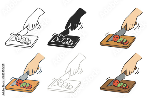 Stylized Vegetable Slicing. Hand slicing vegetables on cutting board with motion arcs and stylized lines, first in line style with