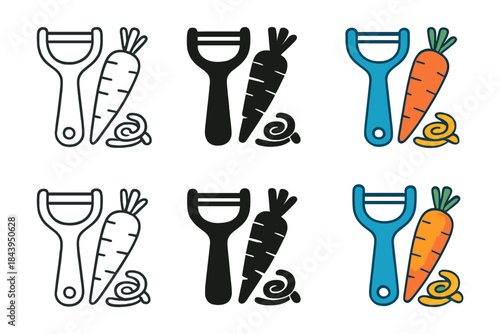Peeler Icon Styles. Peeler icon with carrot and curling strips forming a small pile, first in line style with thin outline, second