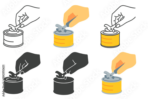 Can Opener Art. Hand using can opener to lift lid off a tin, first in line style with thin outline, second in solid style filled
