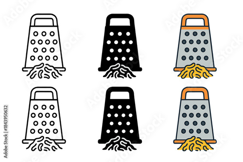 Cheese Grating Styles. Box grater with shredded cheese falling into a pile, first in line style with thin outline, second in solid