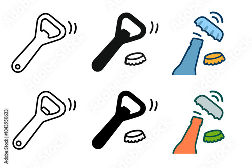 Stylish Bottle Openers. Metal bottle opener with handle and lifted cap with vibration arcs, first in line style with thin outline,